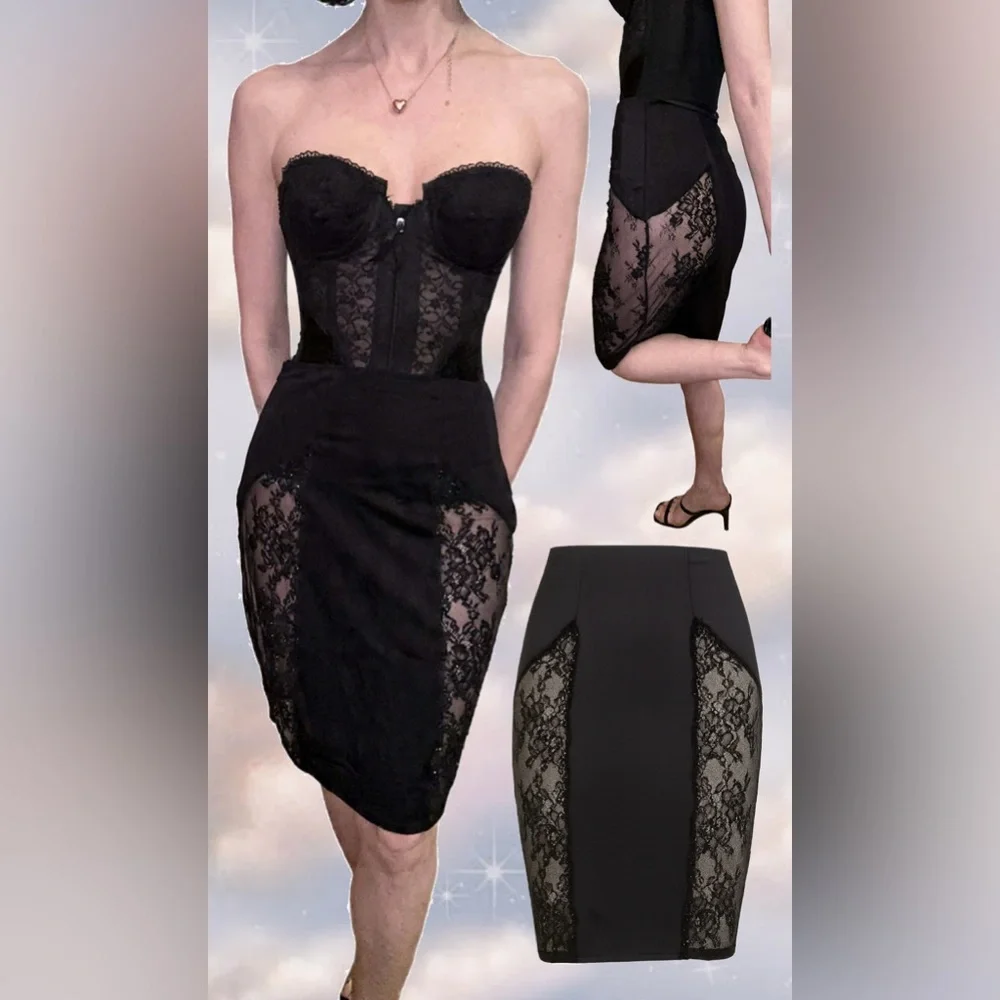 π€ Beaded Sheer Lace Panel Pencil Skirt - Picture 1 of 5